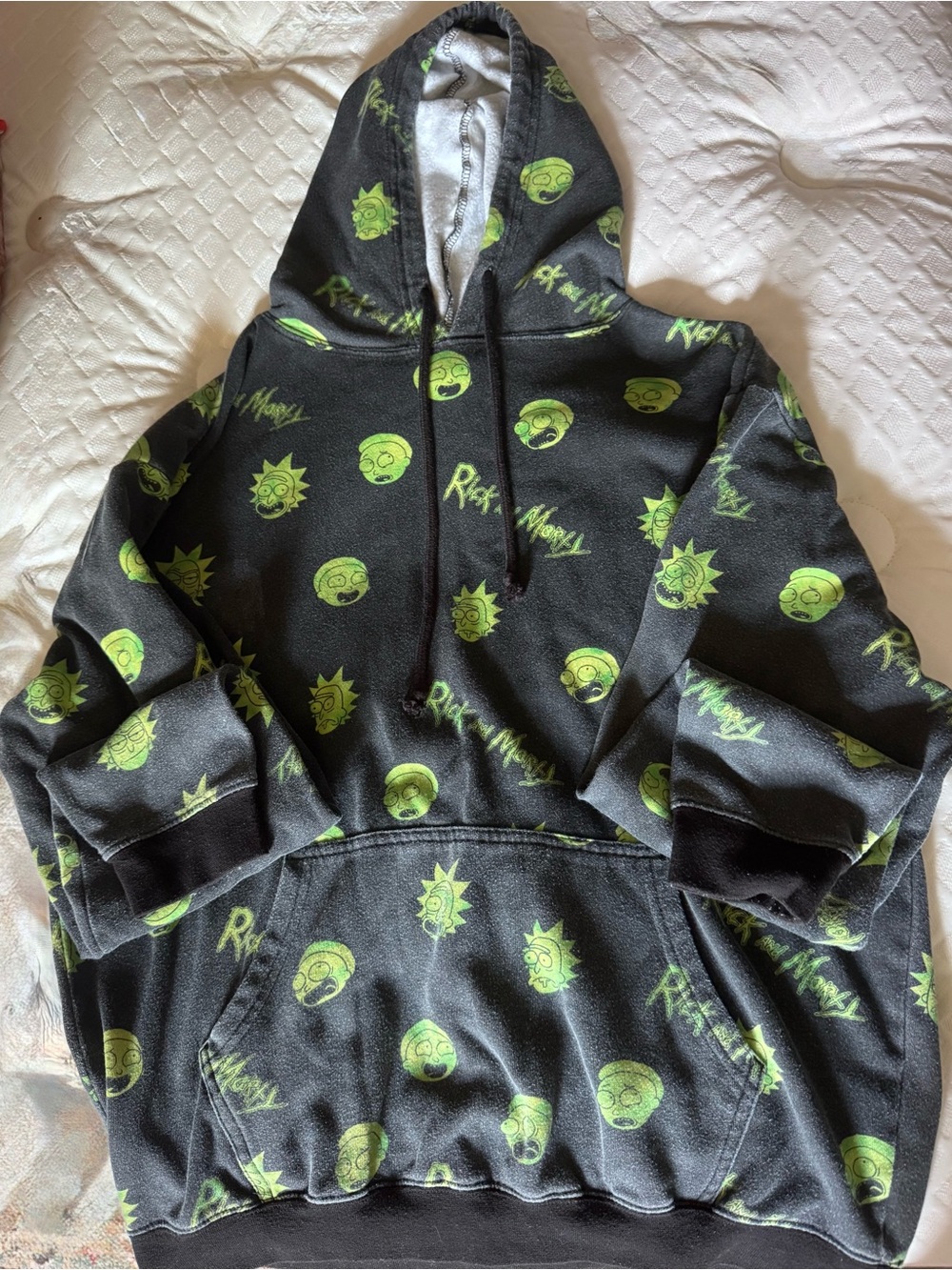 Rick and Morty M Pullover Fleece Hoodie Black/Green Graphic Print Pockets